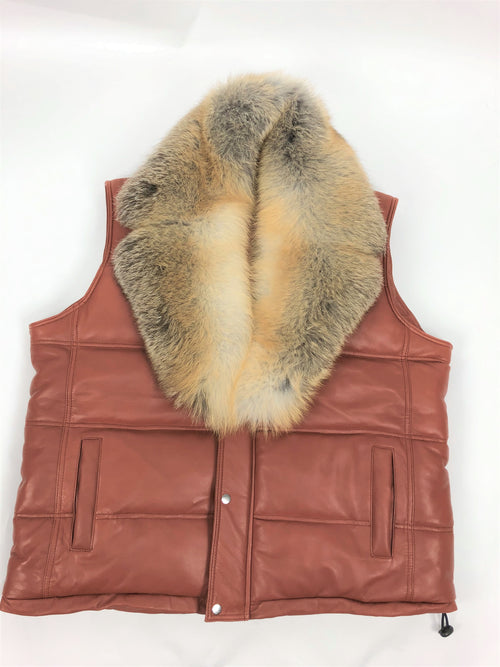 Men's Leather Bubble Vest With Full Fox Fur Collar