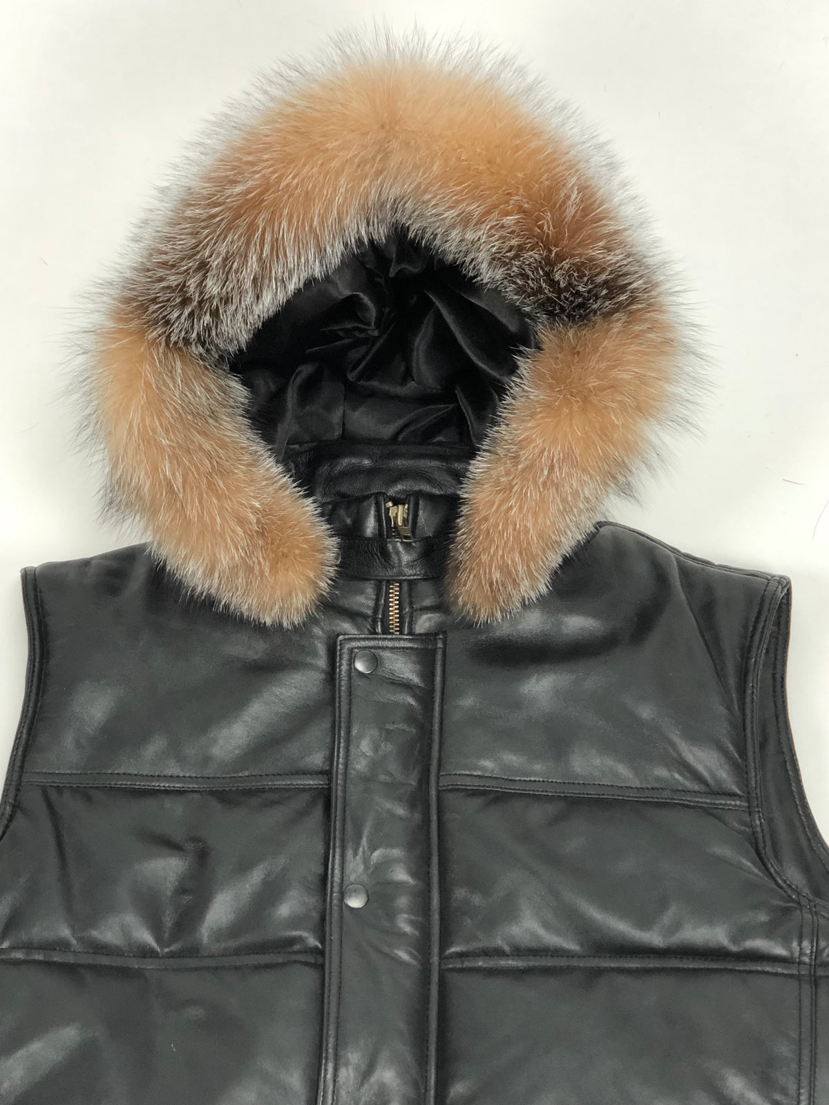 Men's Leather Bubble Vest With Premium Fox Fur Hood