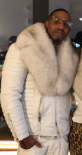 Men's Jay Biker Jacket White With Full Siberian Fox Collar