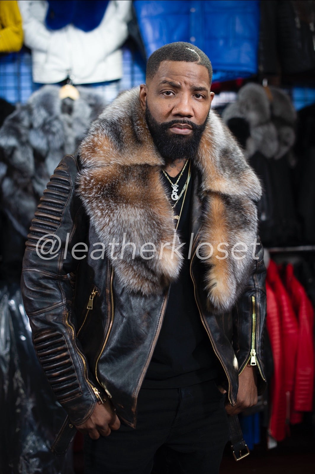 Men's Trey Biker Brown Copper Leather Full Fox Fur Collar