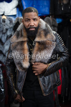 Men's Trey Biker Brown Copper Leather Full Fox Fur Collar