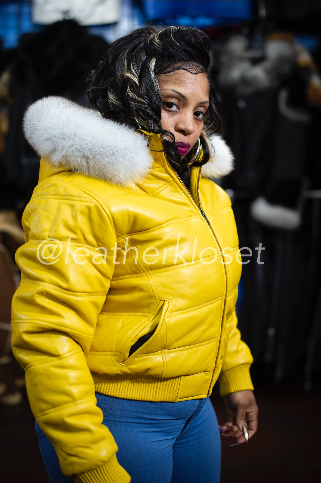 Women's Leather Snorkel Bomber Jacket Premium Fox