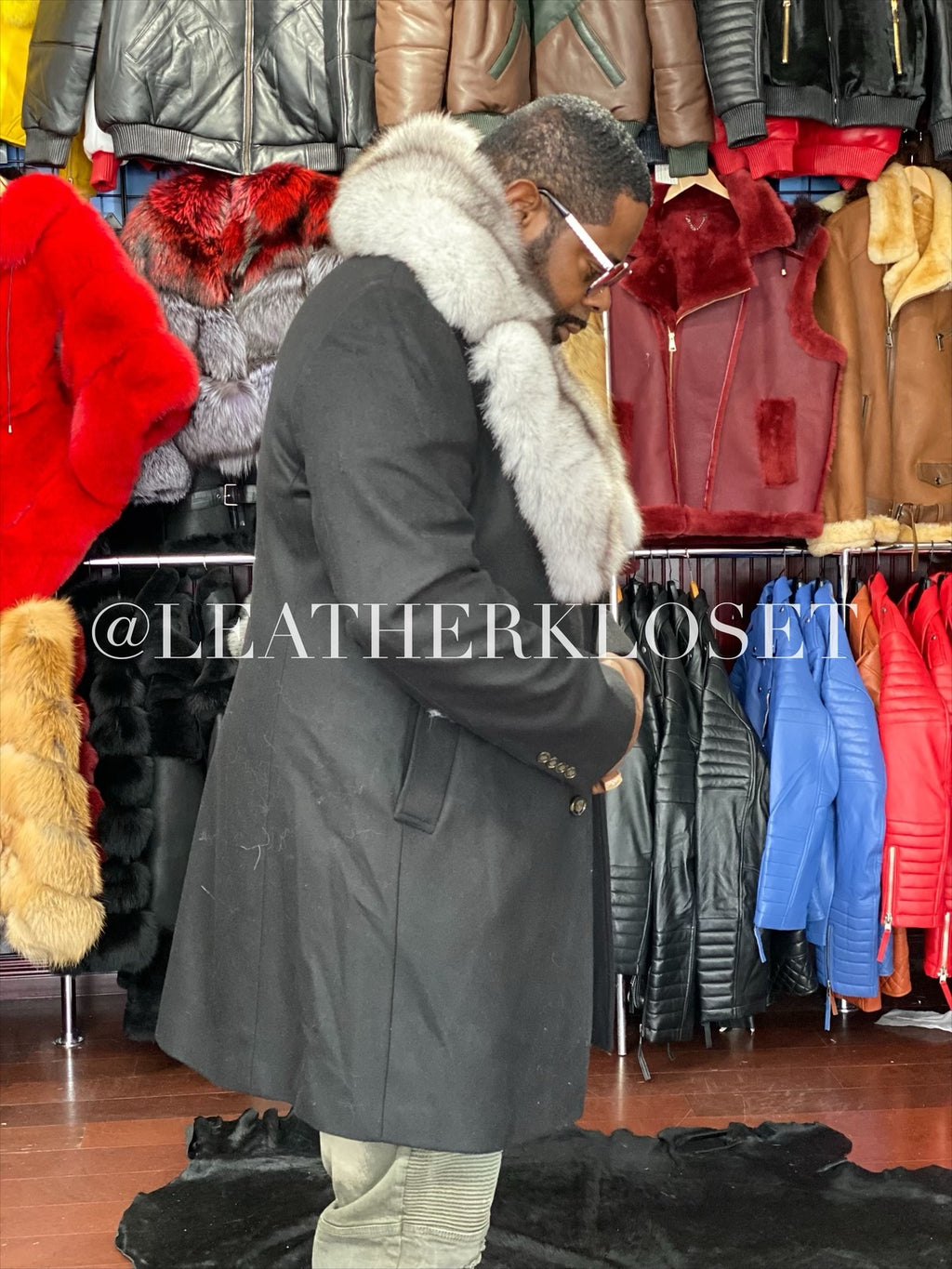 Men's Wool Trench Coat With Fox Collar