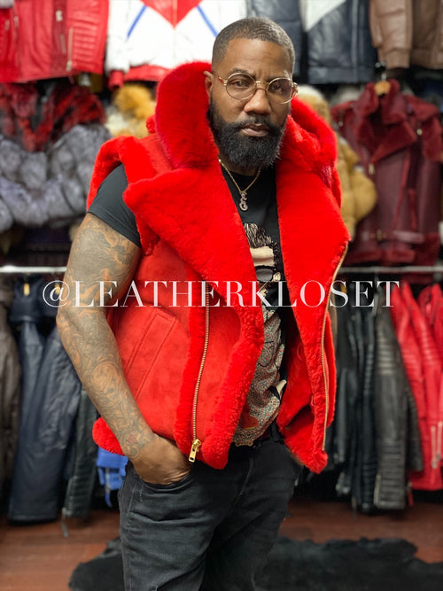 Men's Real Sheepskin Shearling Vest With Fox [Red]