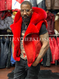 Men's Real Sheepskin Shearling Vest With Fox [Red]