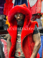 Men's Real Sheepskin Shearling Vest With Fox [Red]