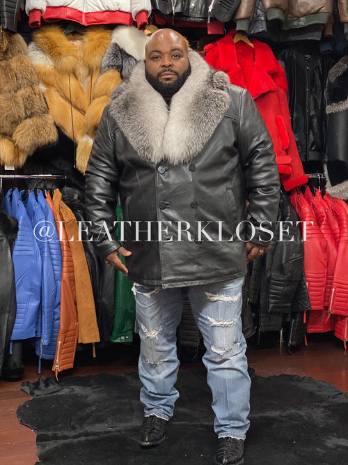 Men's Pea Coat Leather With Fox Collar