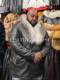 Men's Pea Coat Leather With Fox Collar