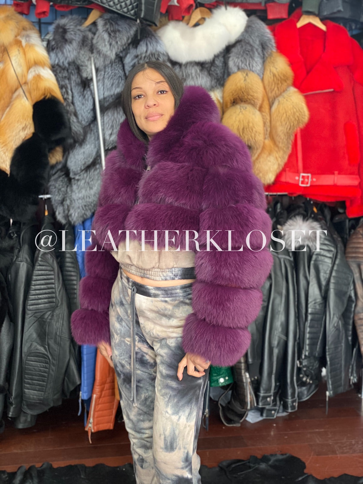 Women's Crop Fox Bomber With Hood [Purple]