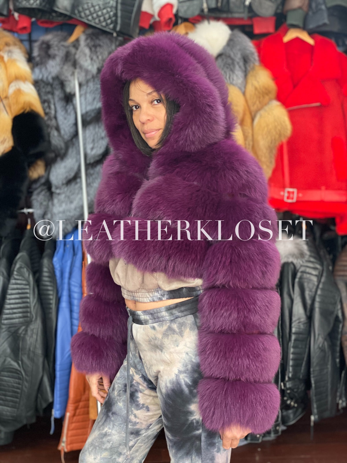 Women's Crop Fox Bomber With Hood [Purple]