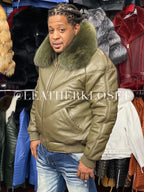 Men's V-Bomber Leather Olive Green Premium Fox Collar