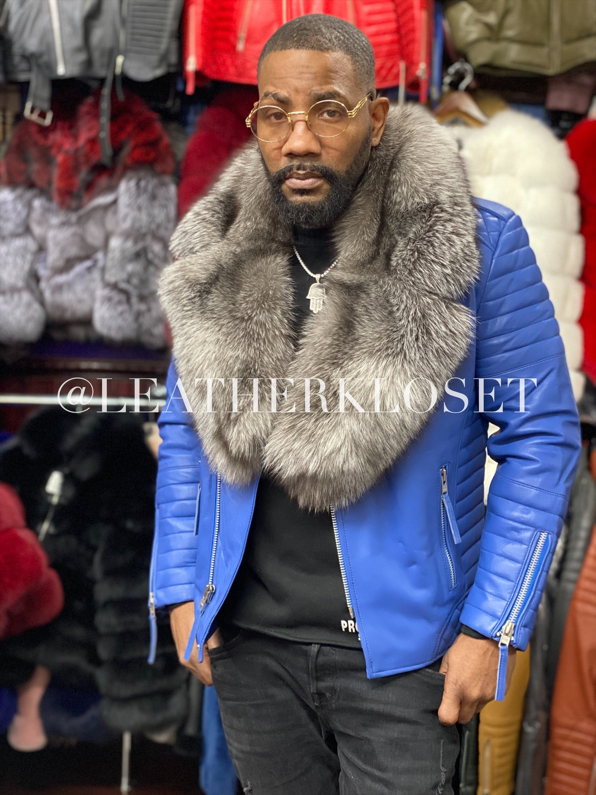 Men's Jay Biker Royal Blue With Full Fox Fur Collar