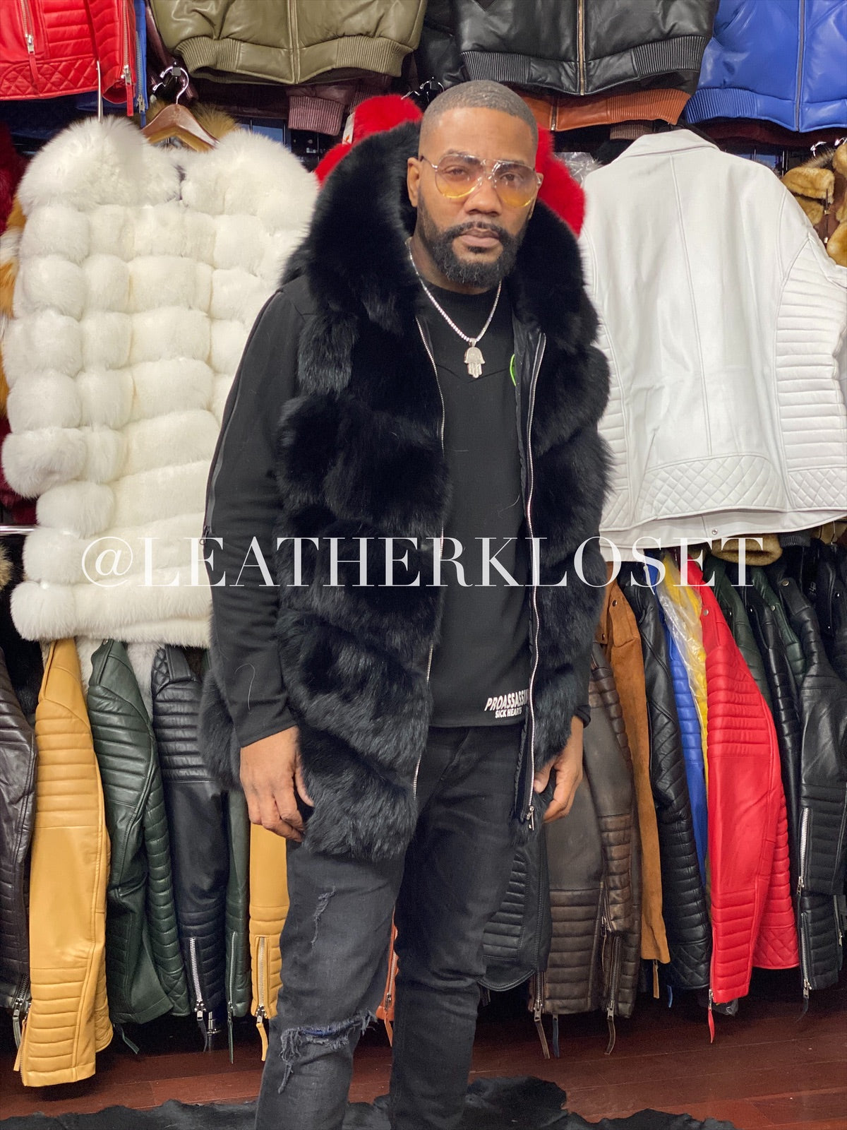 Men's Fox Fur Vest Black With Hood