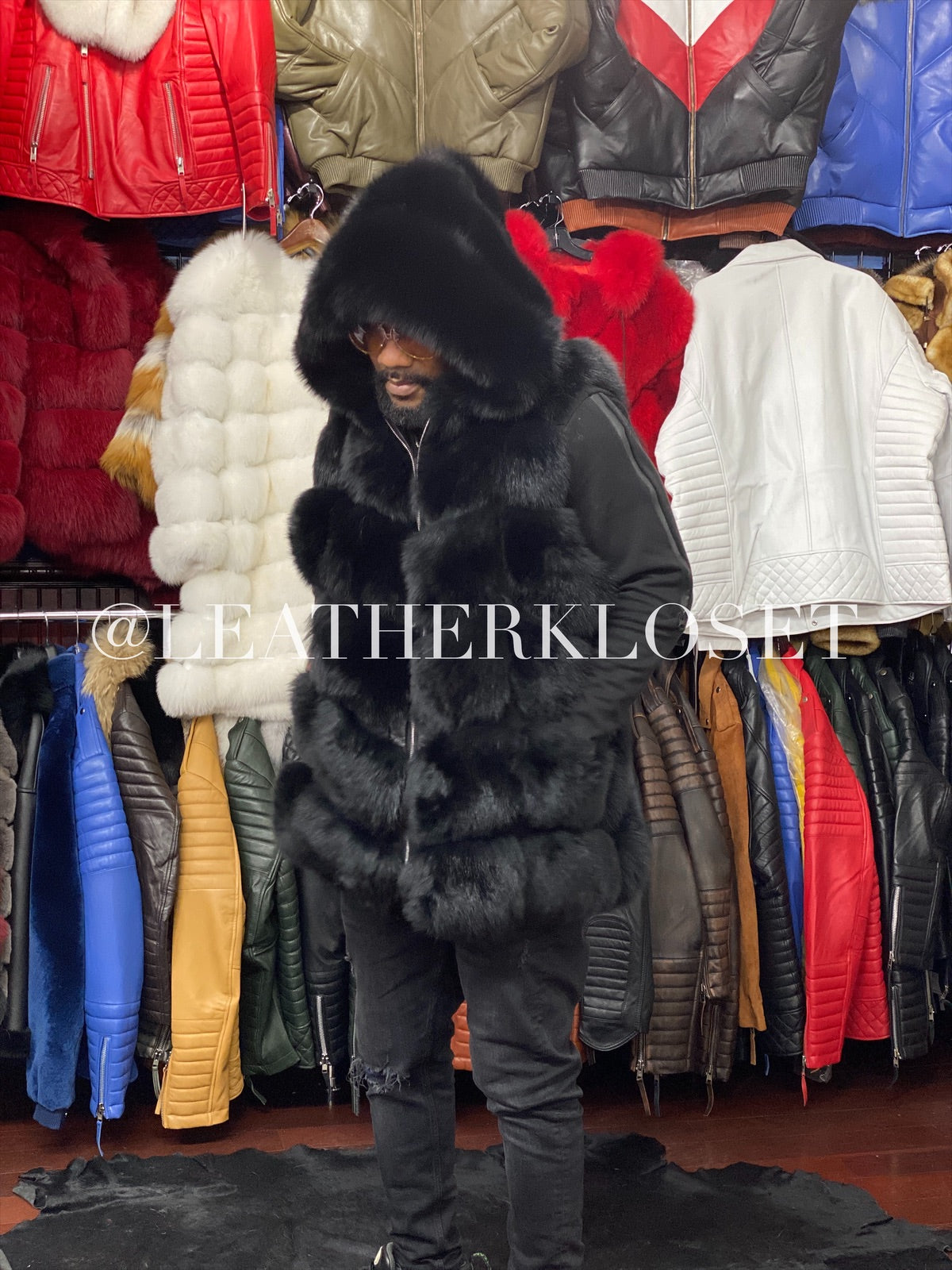 Men's Fox Fur Vest Black With Hood