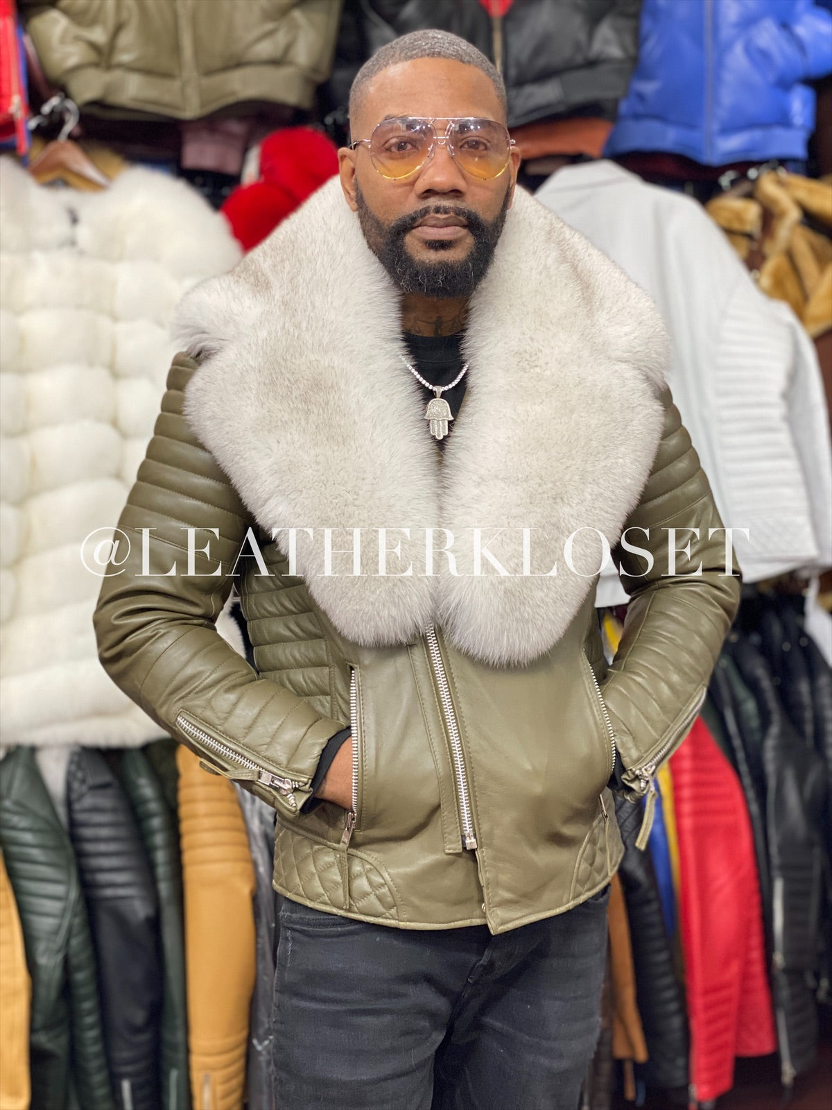 Men's Jay Biker Olive Green With Full Fox Fur Collar