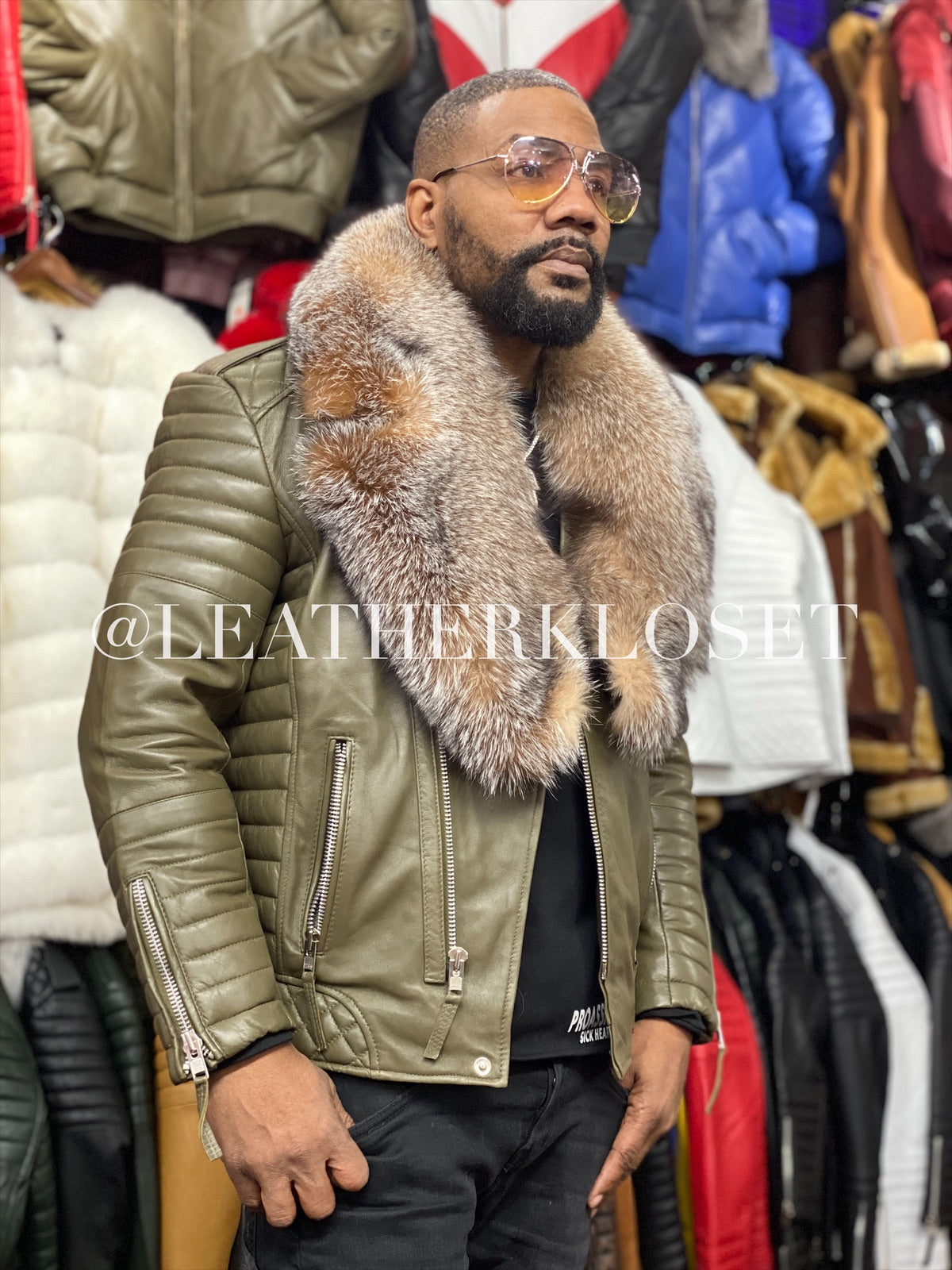 Men's Jay Biker Olive Green With Full Fox Fur Collar