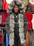 Men's Fox Parka Jacket Black With Silver Fox