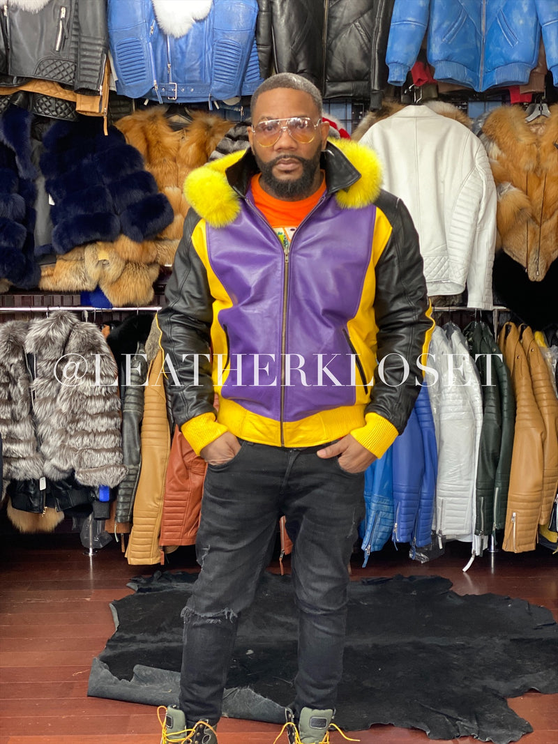 Men's 8 Ball Leather Jacket With Fox Hood [Purple/Black/Yellow]