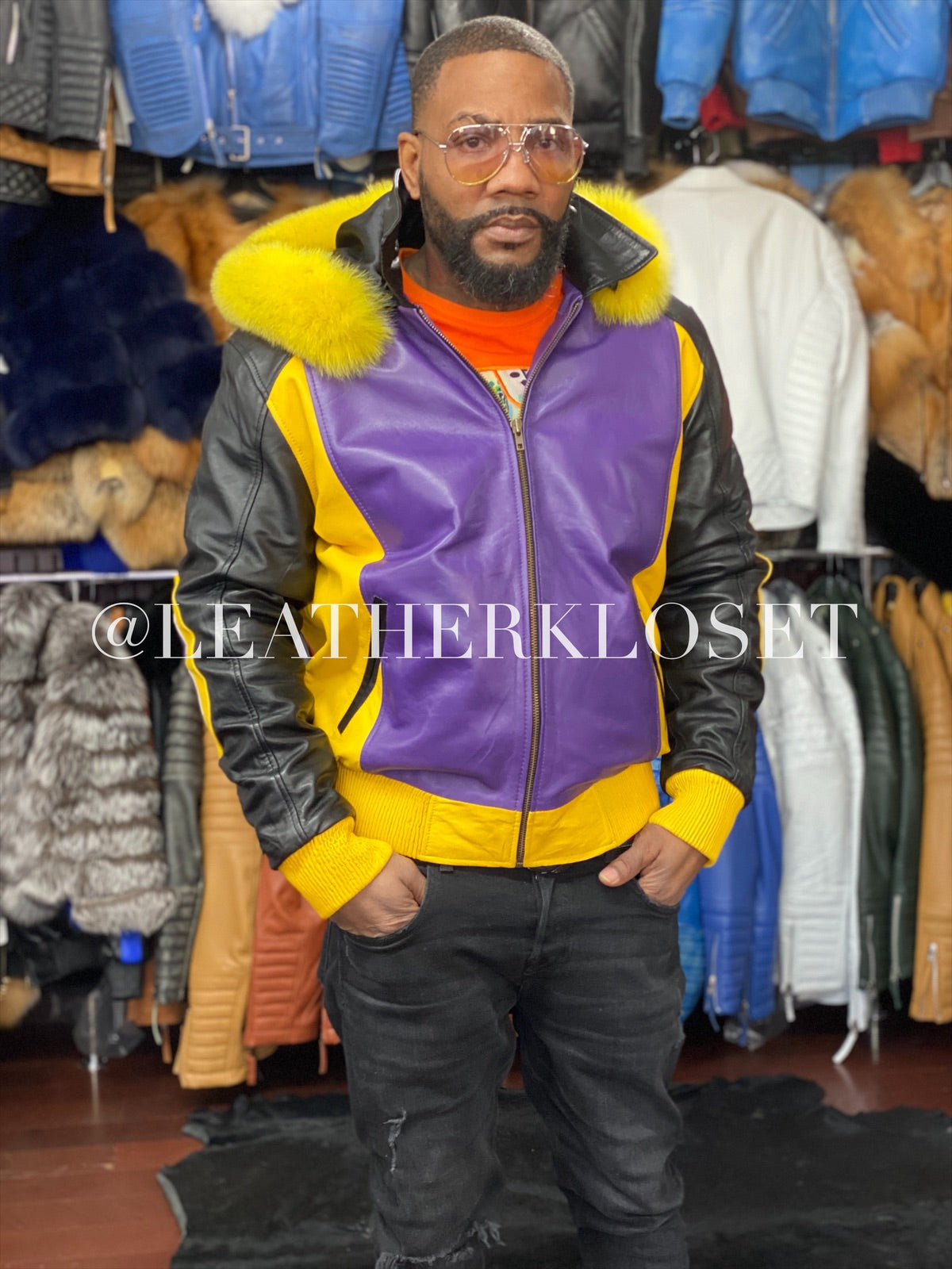 Men's 8 Ball Leather Jacket With Fox Hood [Purple/Black/Yellow