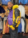 Men's 8 Ball Leather Jacket With Fox Hood [Purple/Black/Yellow]