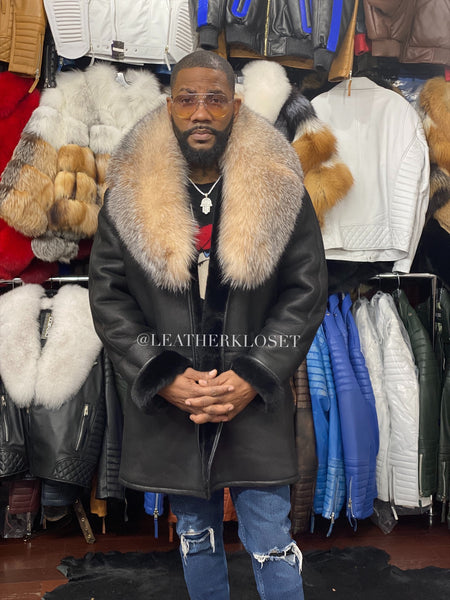 Men's Sheepskin Shearling Car Coat With Fox [Black] – LeatherKloset