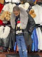 Men's Sheepskin Shearling Car Coat With Fox [Black]