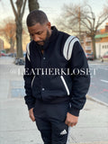 Wool and Leather Varsity Jacket. Black Wool with white leather trim