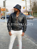 Black Real Leather Baseball jacket with real leather fisherman hat