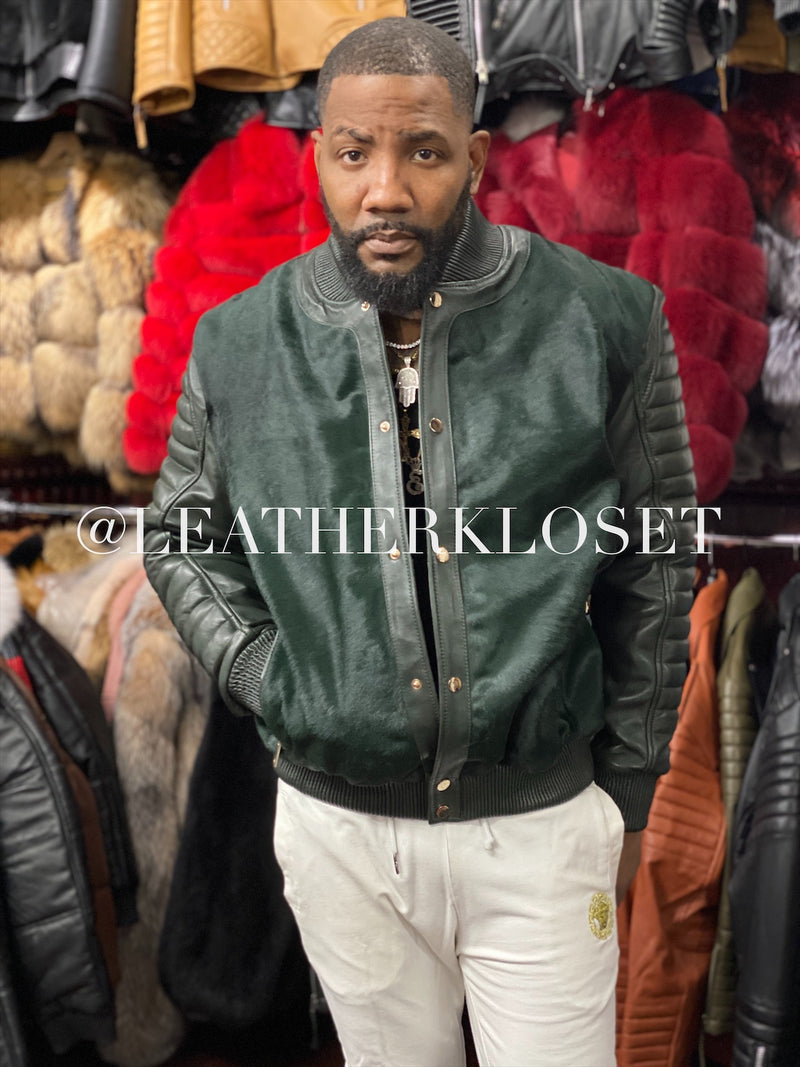 Money Green Leather and Pony Jacket Jacket for Mens