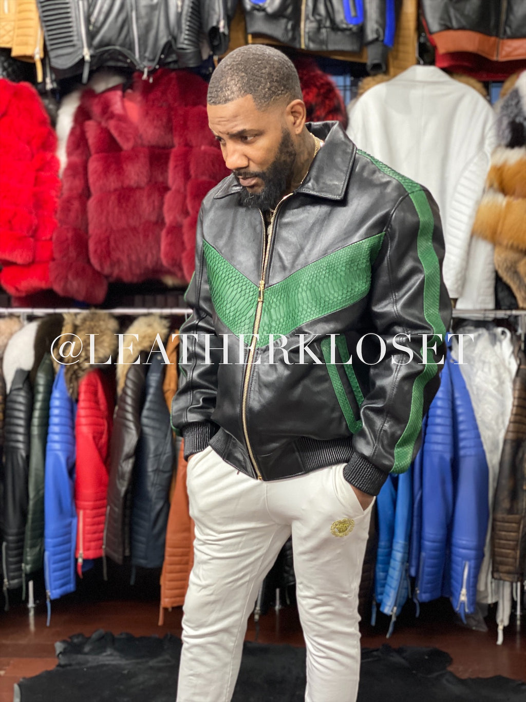 Men's real python and leather jacket in black and green. 