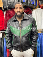 Men's Real Python And Leather Bomber Jacket [Black-Green]