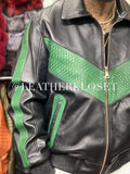 Men's Real Python And Leather Bomber Jacket [Black-Green]