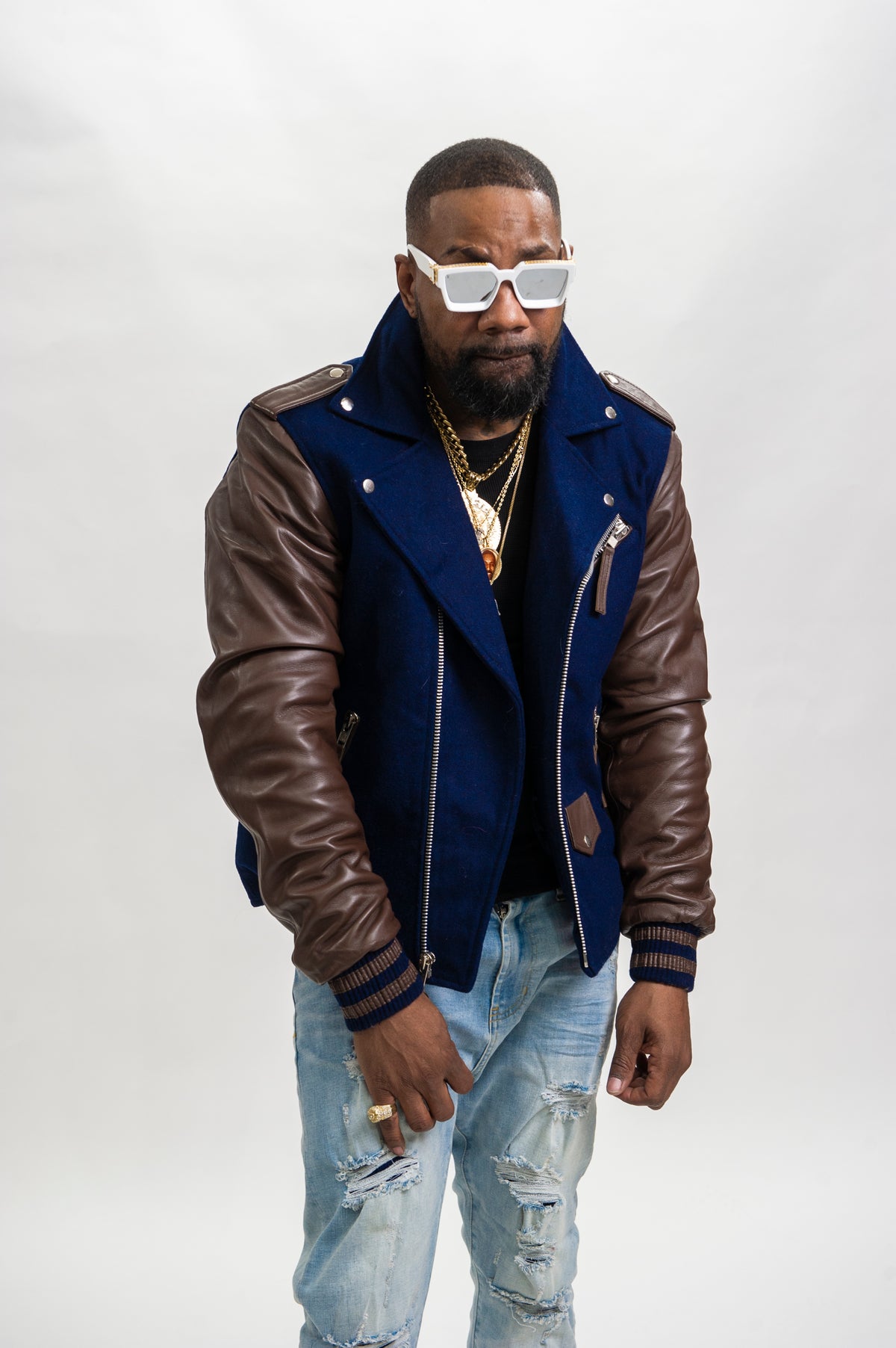 Men's Classic Wool And Leather Biker Jacket [Navy/Chocolate]