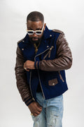 Men's Classic Wool And Leather Biker Jacket [Navy/Chocolate]