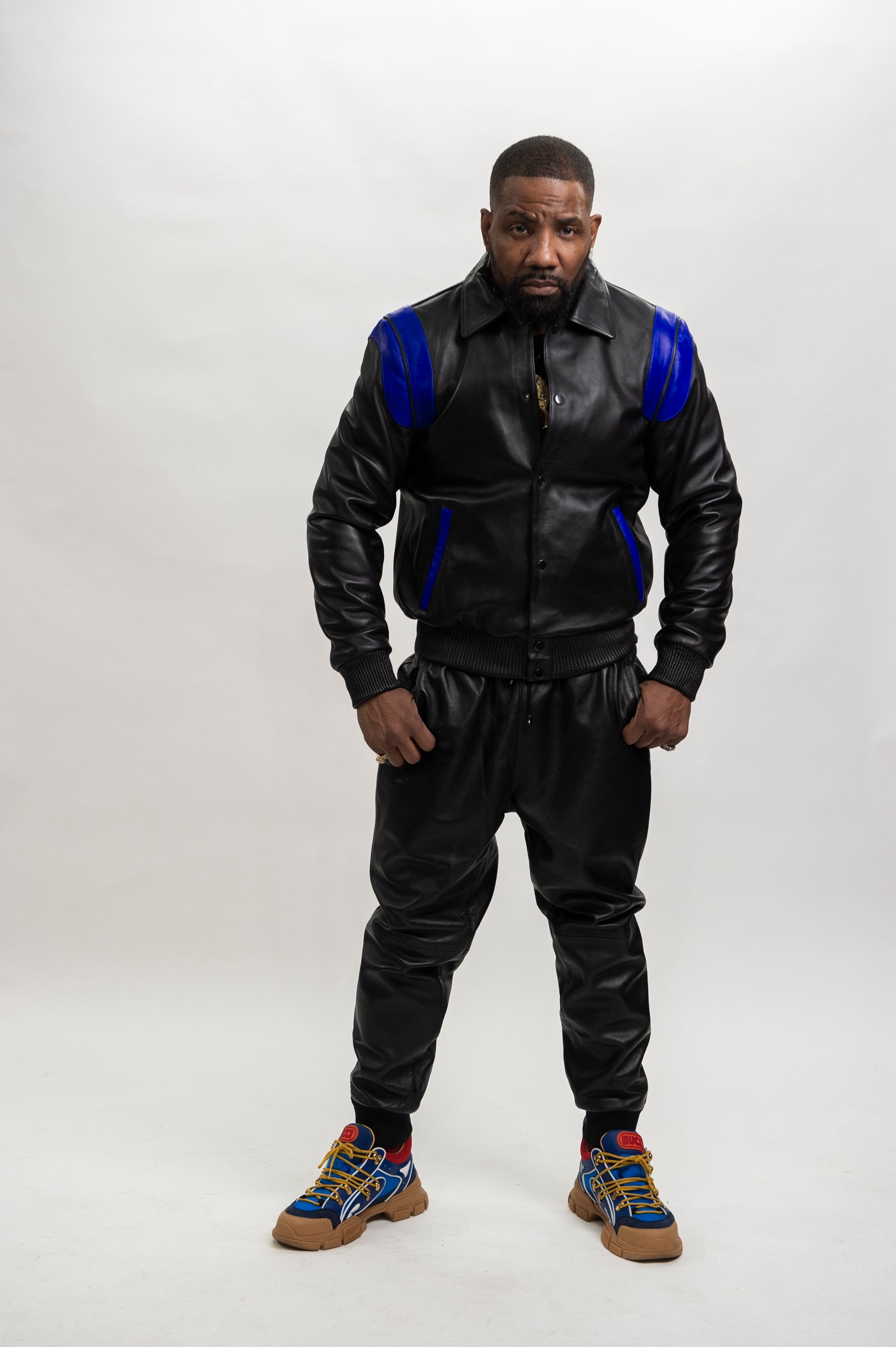 Men's Liam All-Leather Varsity Jacket [Black/Royal Blue