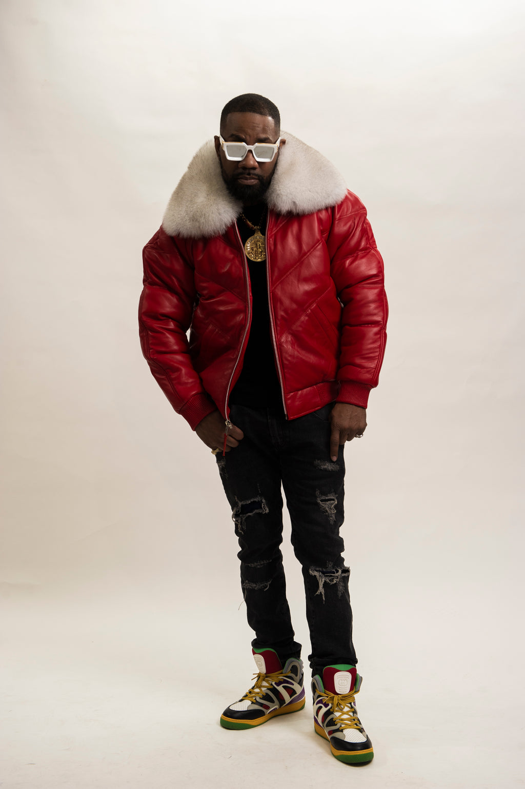Men's V-Bomber Red Premium Fox Collar [Red/Natural White Fox]