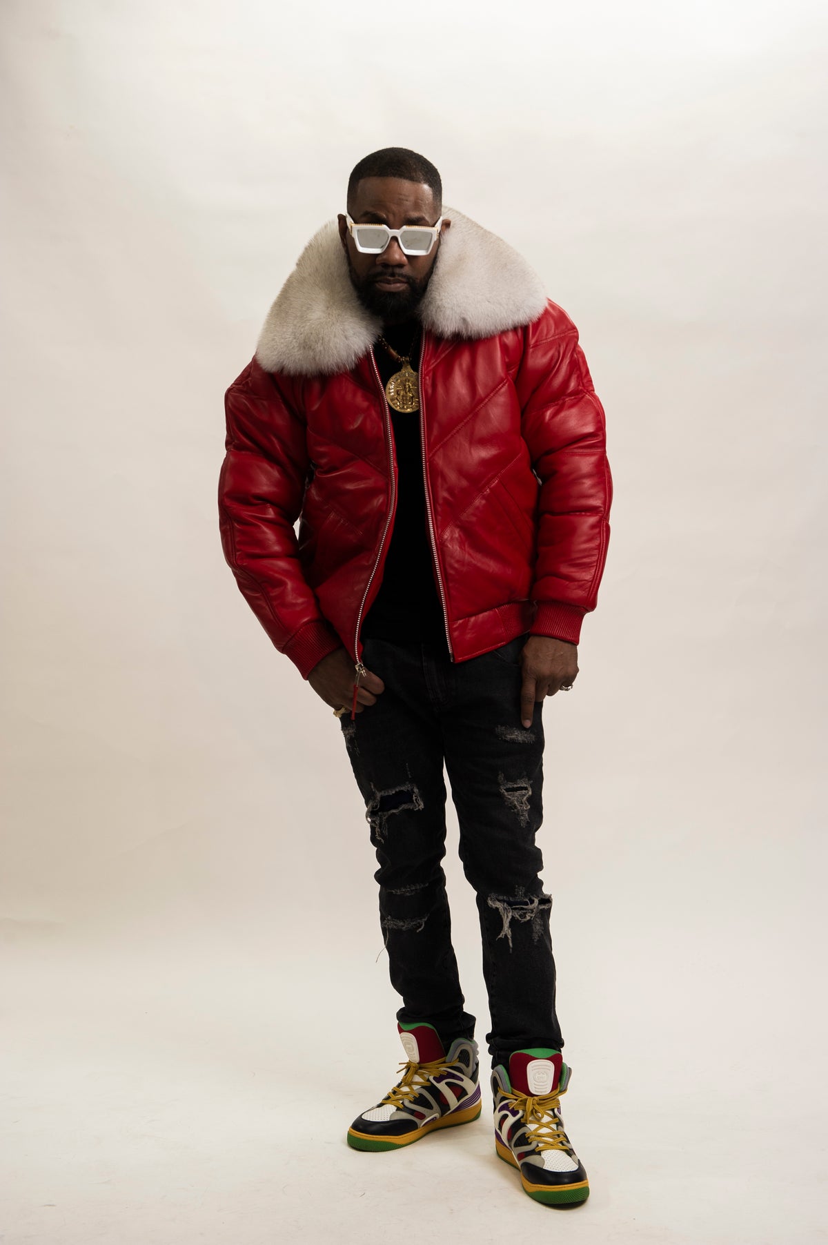 Men's V-Bomber Red Premium Fox Collar [Red/Natural White Fox]
