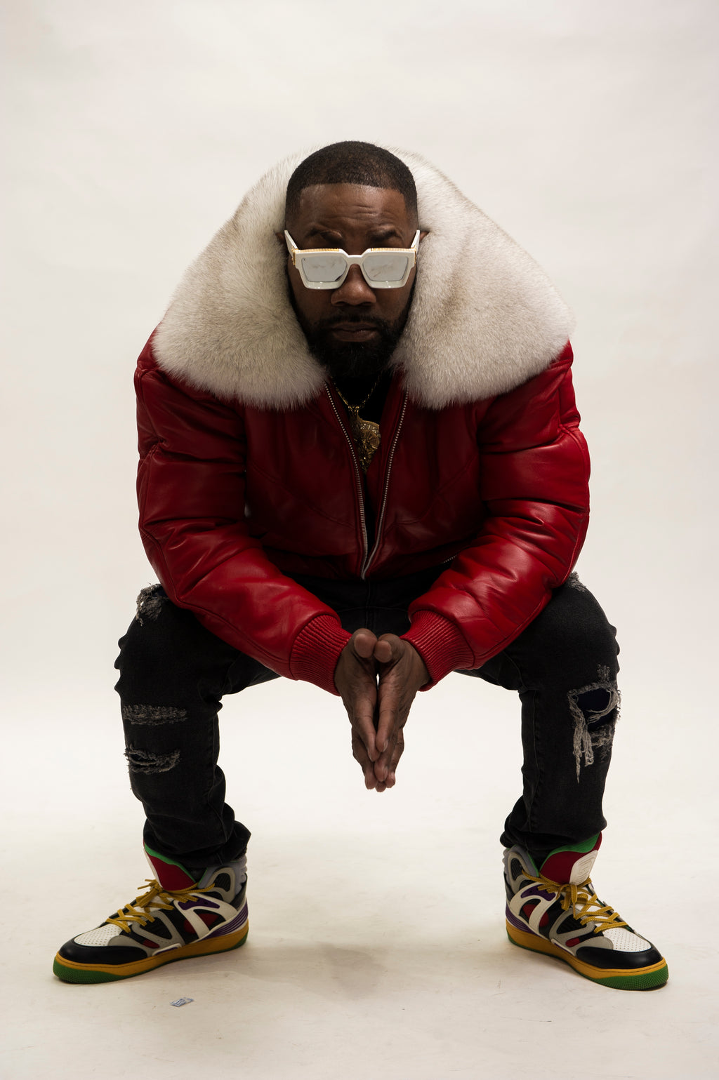 Men's V-Bomber Red Premium Fox Collar [Red/Natural White Fox]