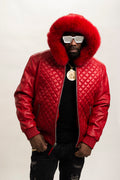 Men's Lucas Quilted Leather Bomber Jacket With Fox Hood [Red Fox]