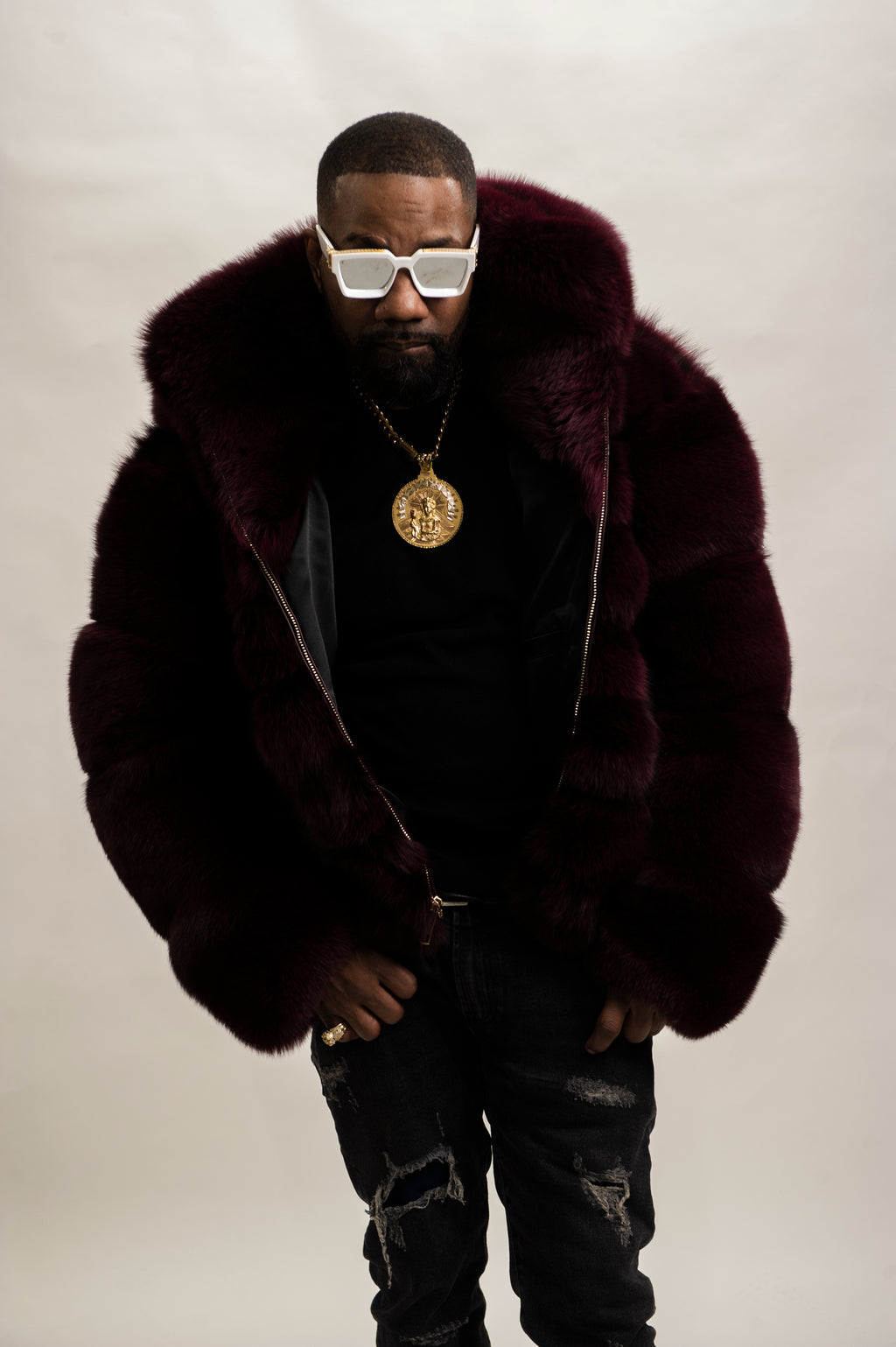 Men's Fox Bomber Fur With Hood [Wine]