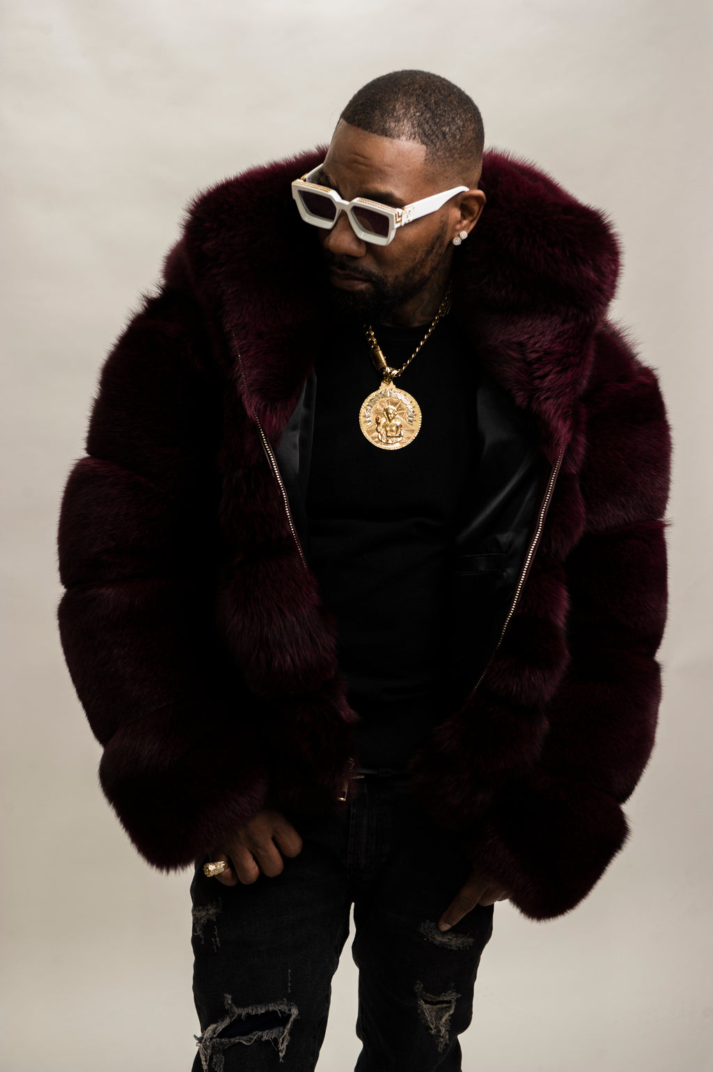Men's Fox Bomber Fur With Hood [Wine]