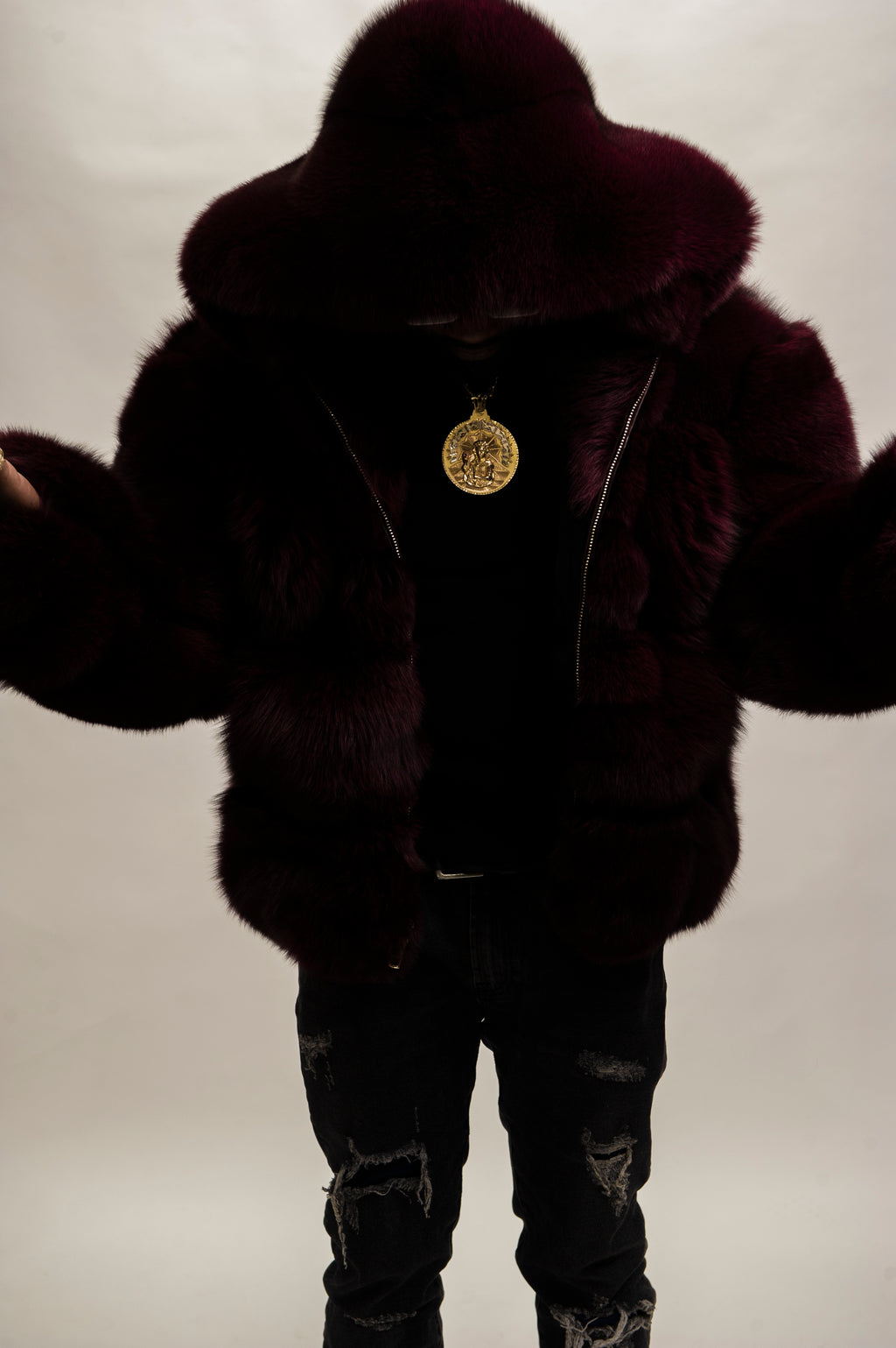 Men's Fox Bomber Fur With Hood [Wine]