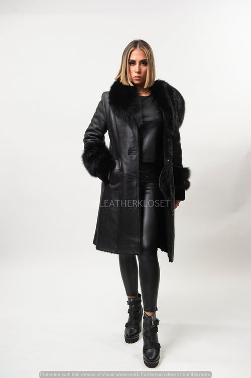 Women's Trisha Real Sheepskin 3/4 Coat With Fox [Black]