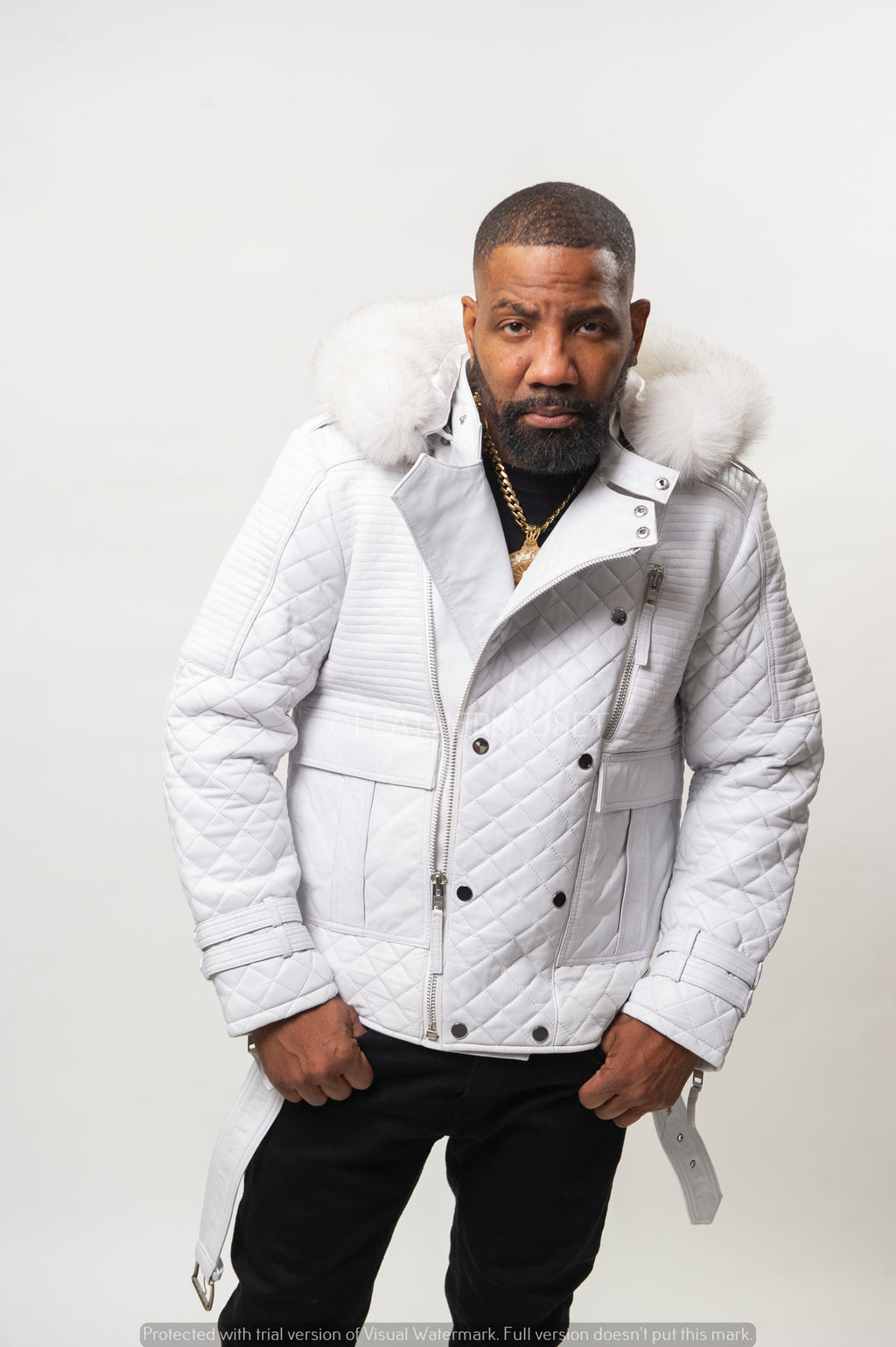 Men's Billy Leather Biker Hoodie With Fur Hood [White]