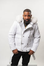 Men's Billy Leather Biker Hoodie With Fur Hood [White]