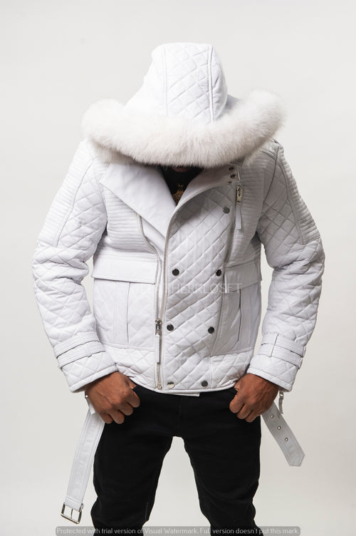 Men's Billy Leather Biker Hoodie With Fur Hood [White]