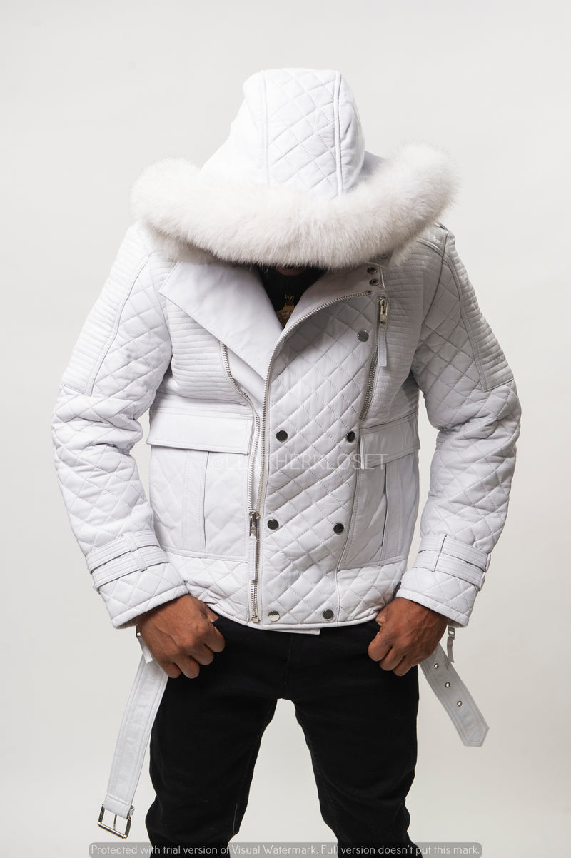 Men's Billy Leather Biker Hoodie With Fur Hood [White]