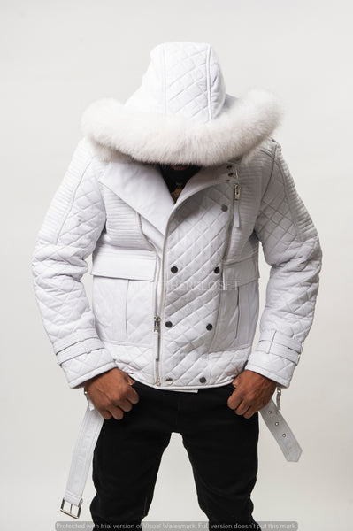 ジャケット・アウター archive white hoodie leather jacket Men's Billy Leather Biker Hoodie With Fur Hood [White] – LeatherKloset