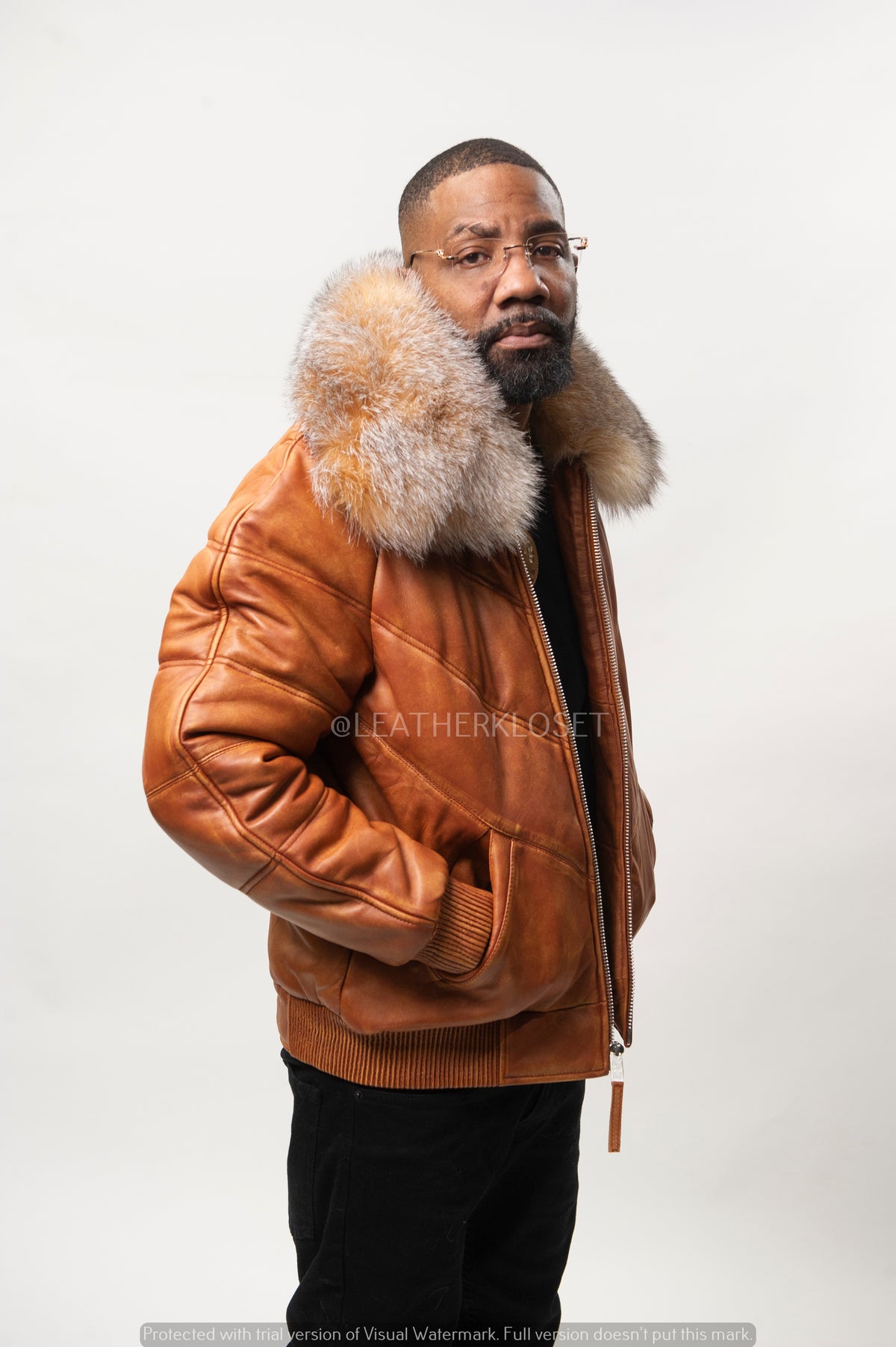 Men's V-Bomber Leather Premium Fox Collar [Caramel Crunch]