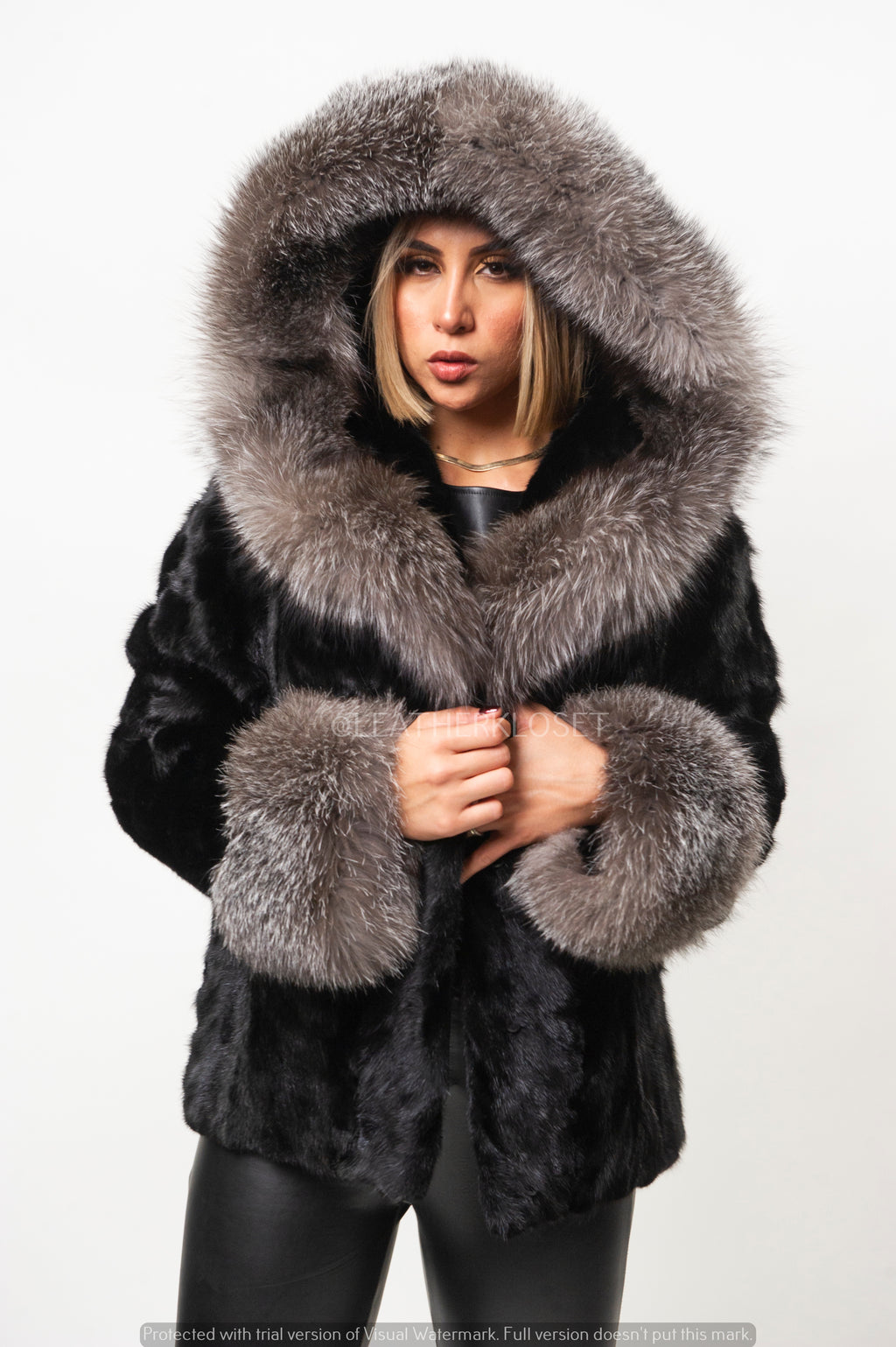 Women's Mink Bomber Jacket With Hood [Black/Silver]